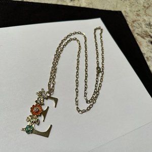 Gold Tone Chain Necklace Large Letter Initial E Flowers With Rhinestones